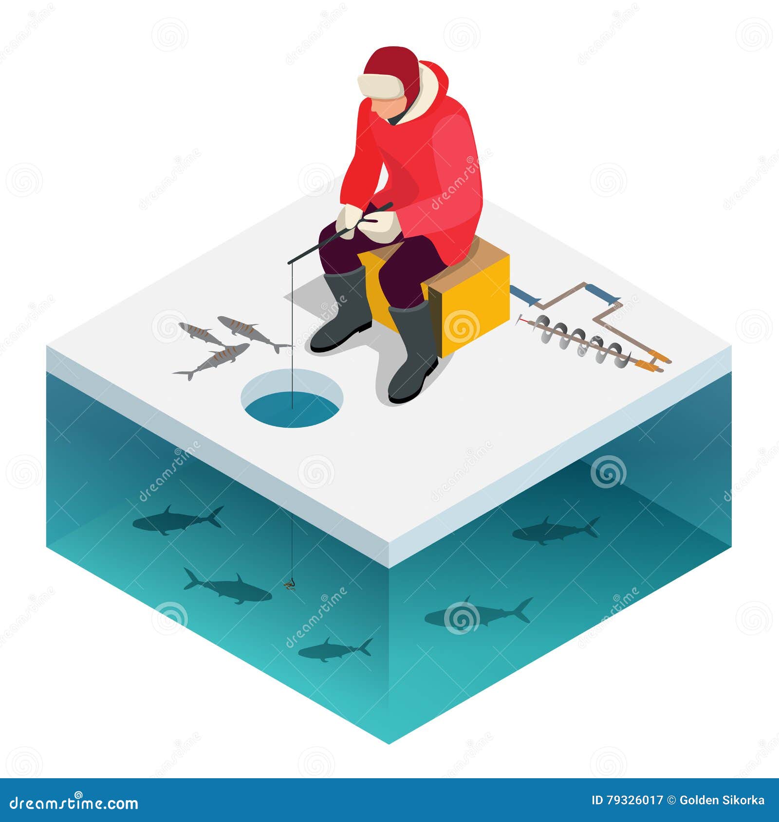 Man Ice Fishing Stock Clipart, Royalty-Free