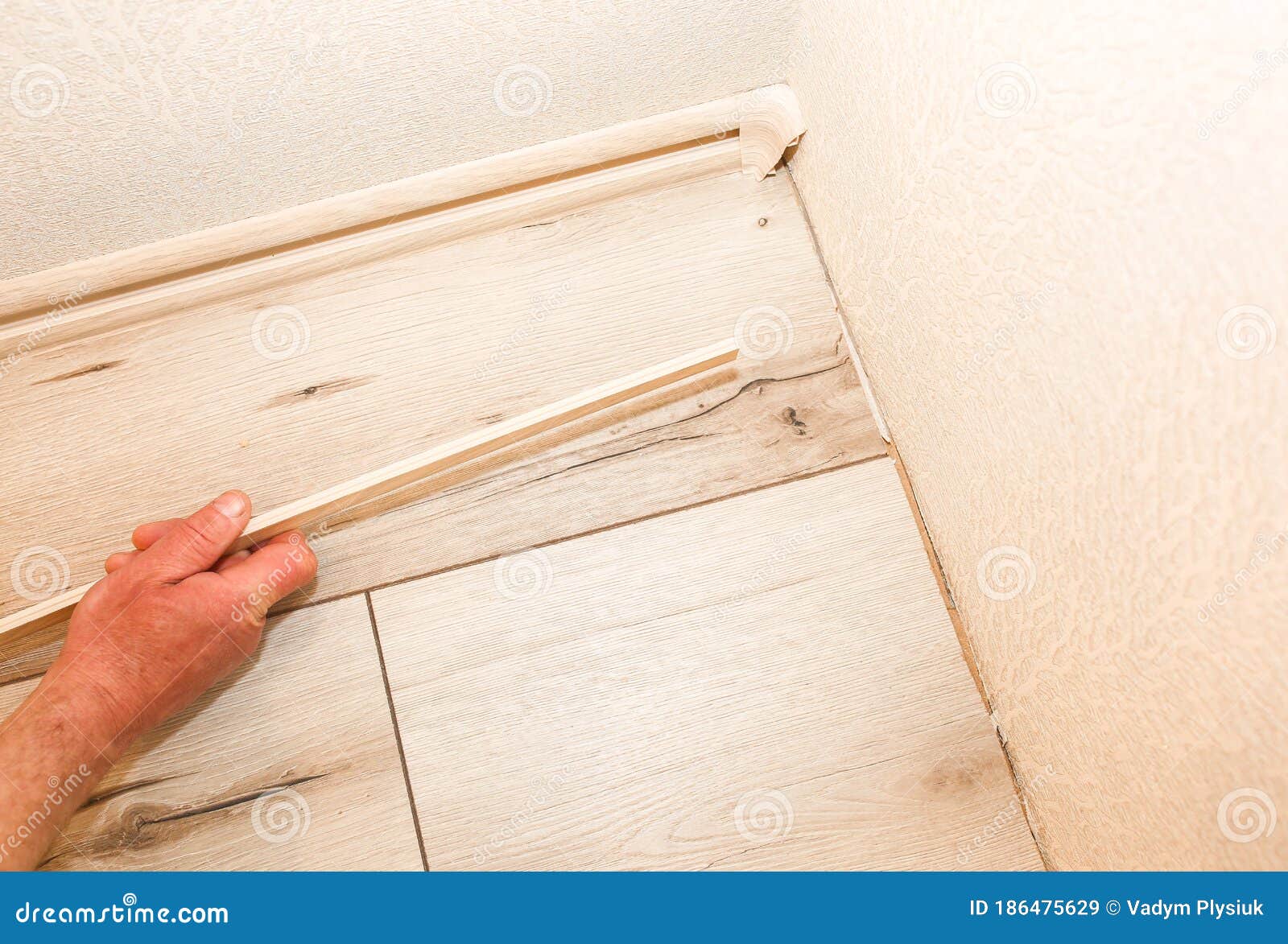 Man is Installing the Baseboard. Repair Works Indoors Stock Image