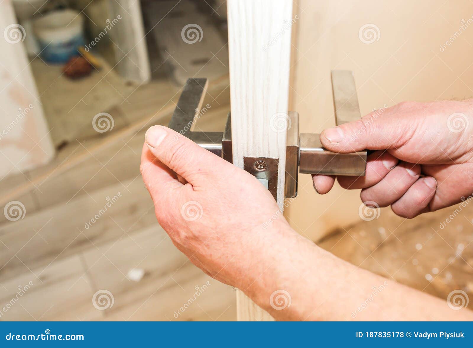 Man is Installing the Doors Handle. Repair Works Stock Photo Image of