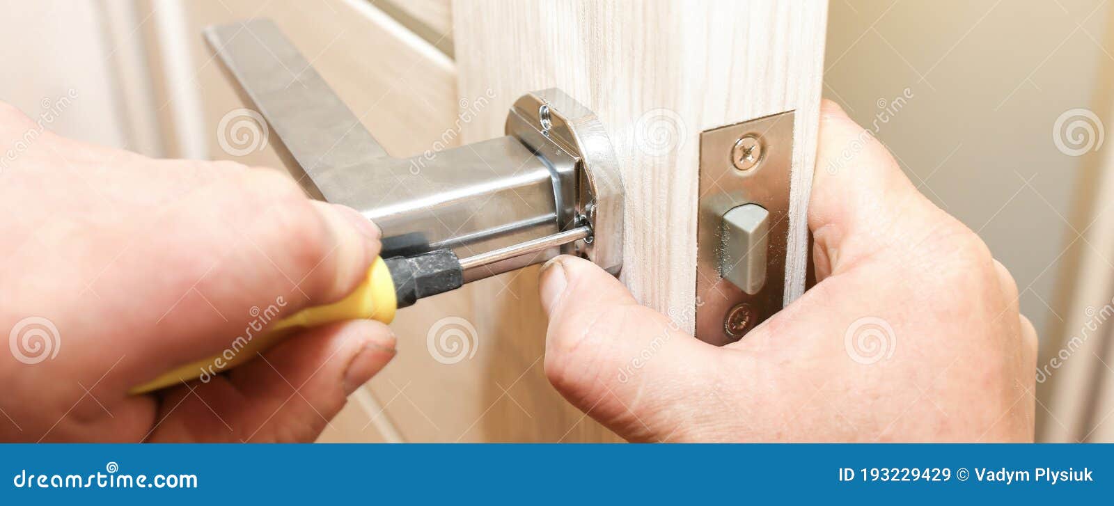 Man is Installing the Doors Handle. Repair Works Stock Image Image of