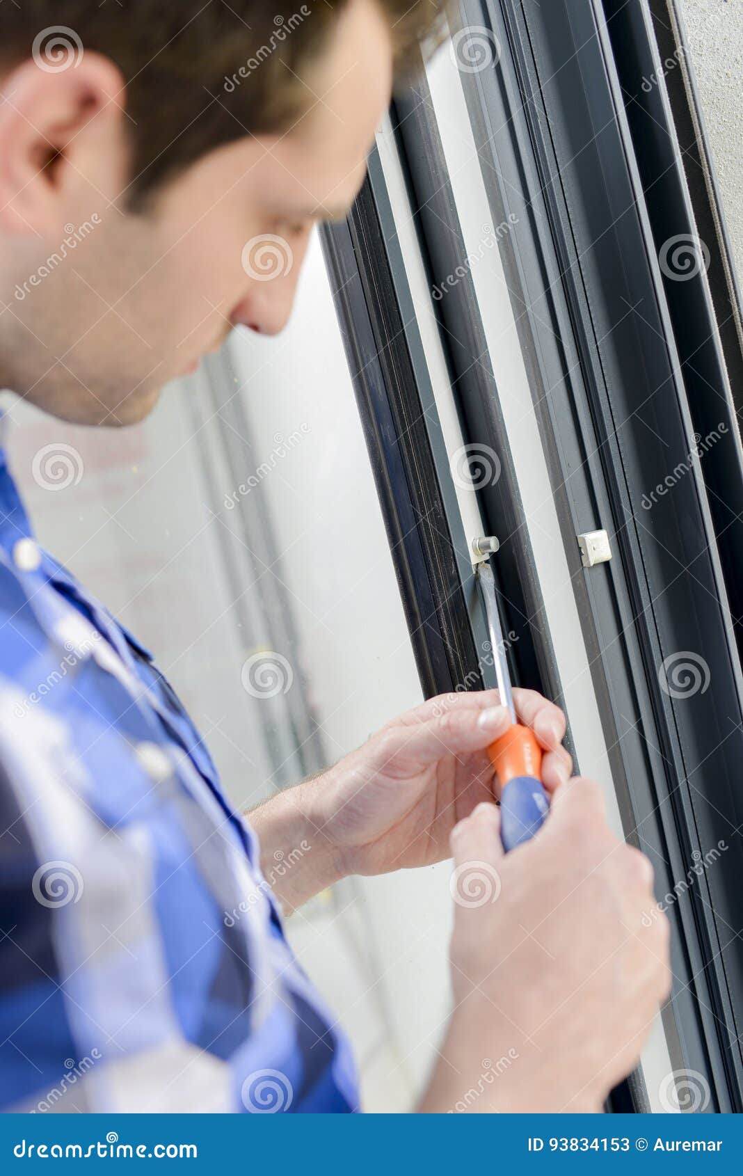 Man Installing New Door Frame Stock Image Image of secure, cute 93834153