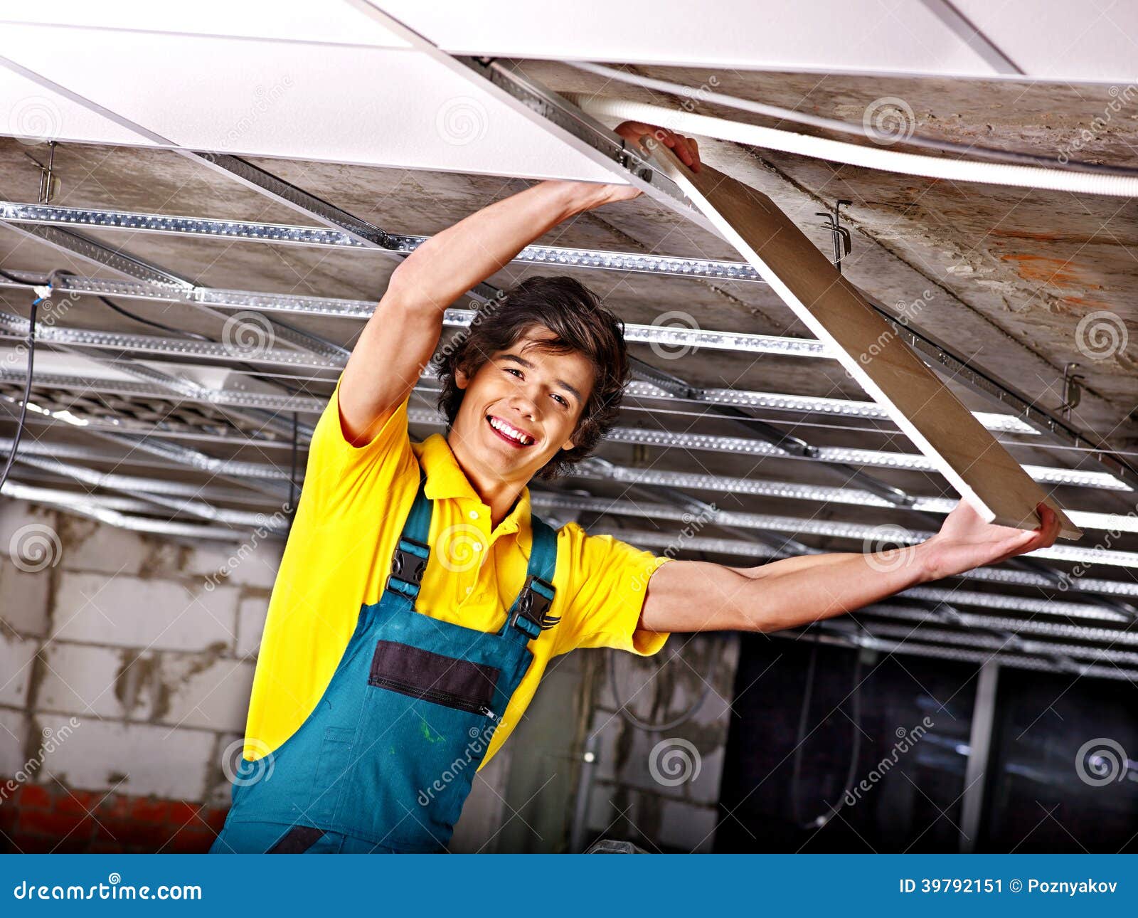 Man Installing Suspended Ceiling Stock Image Image Of
