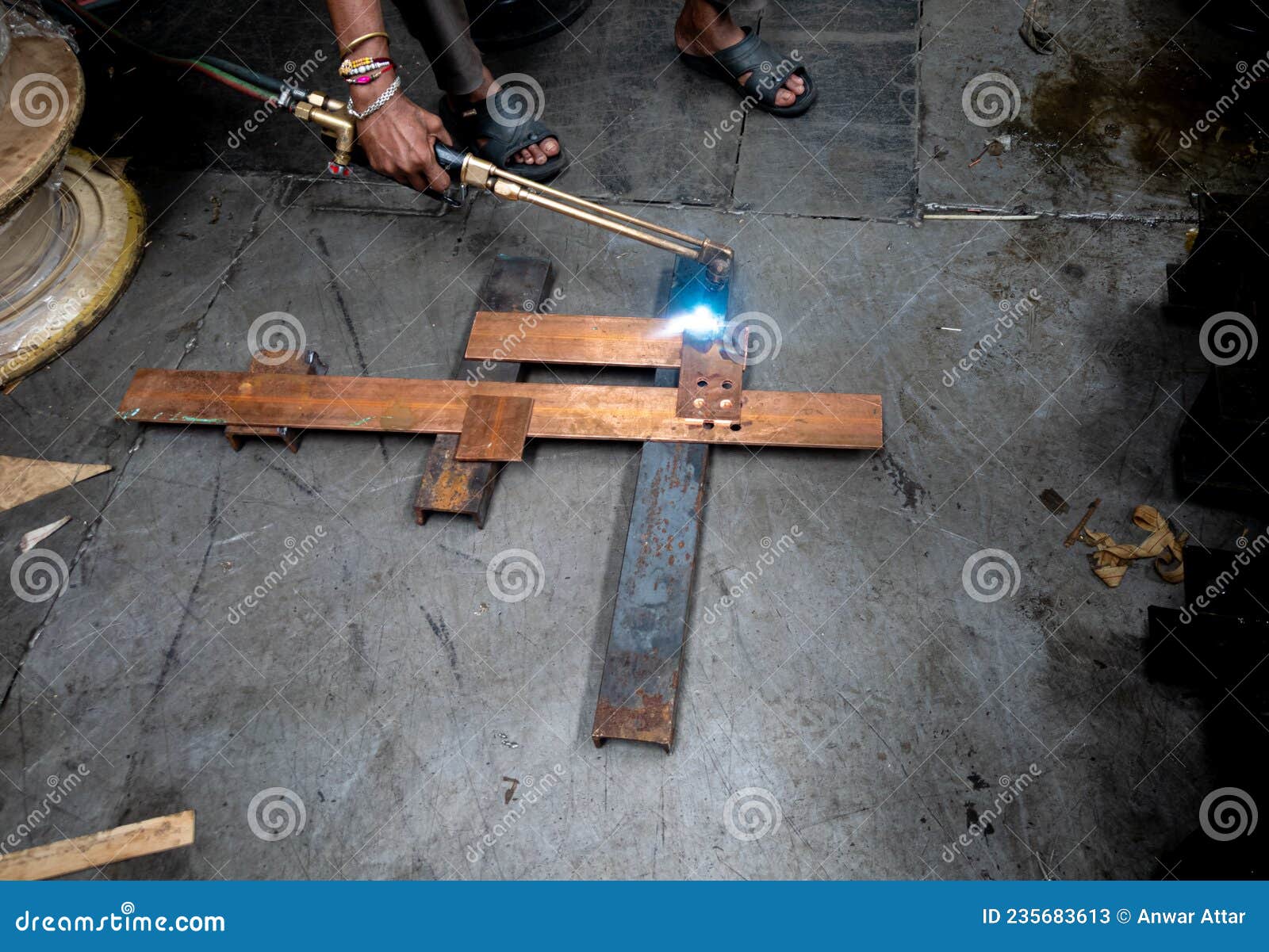 A Man Joining the Copper Sheets with the Help of Gas Welding Process Stock Image Image of