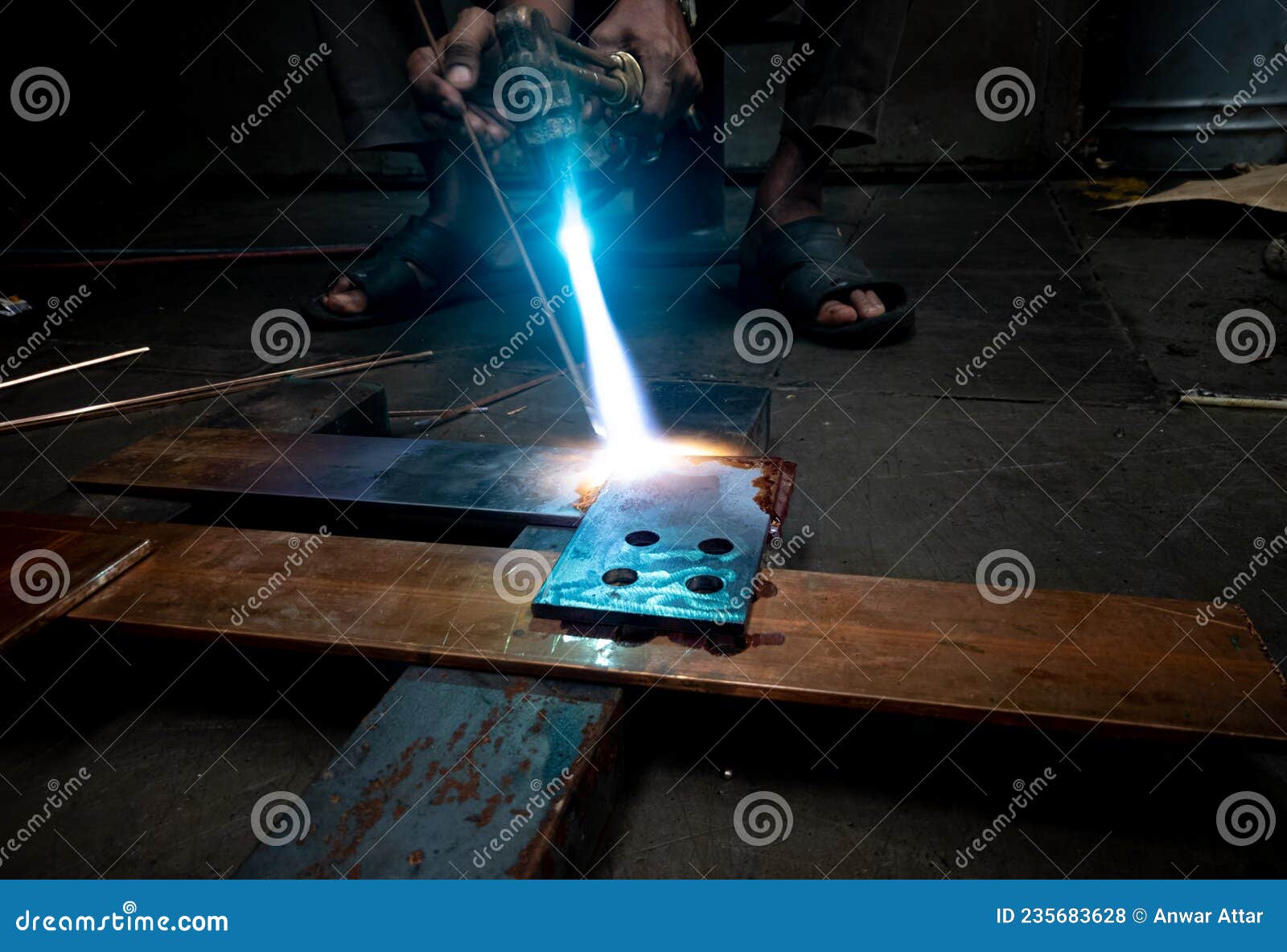 A Man Joining the Copper Sheets with the Help of Gas Welding Process Stock Photo Image of blue