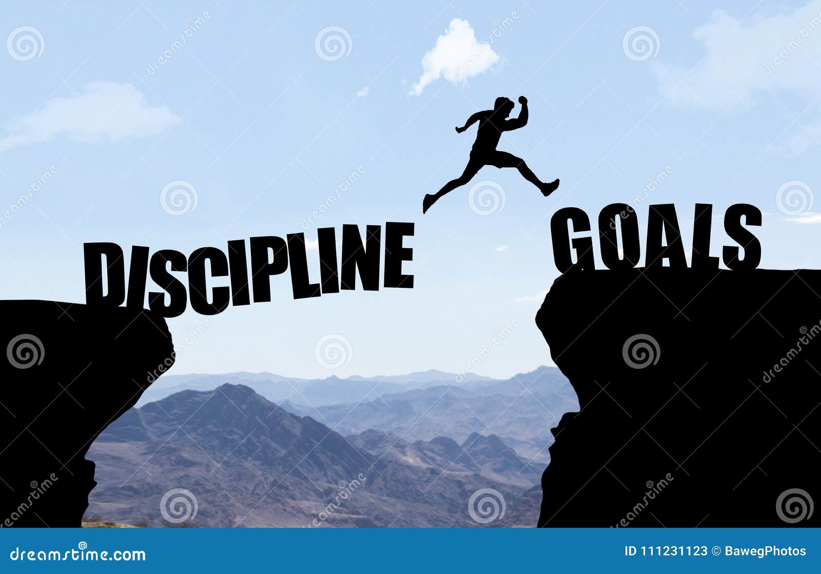 man jumping over abyss with text discipline/goals