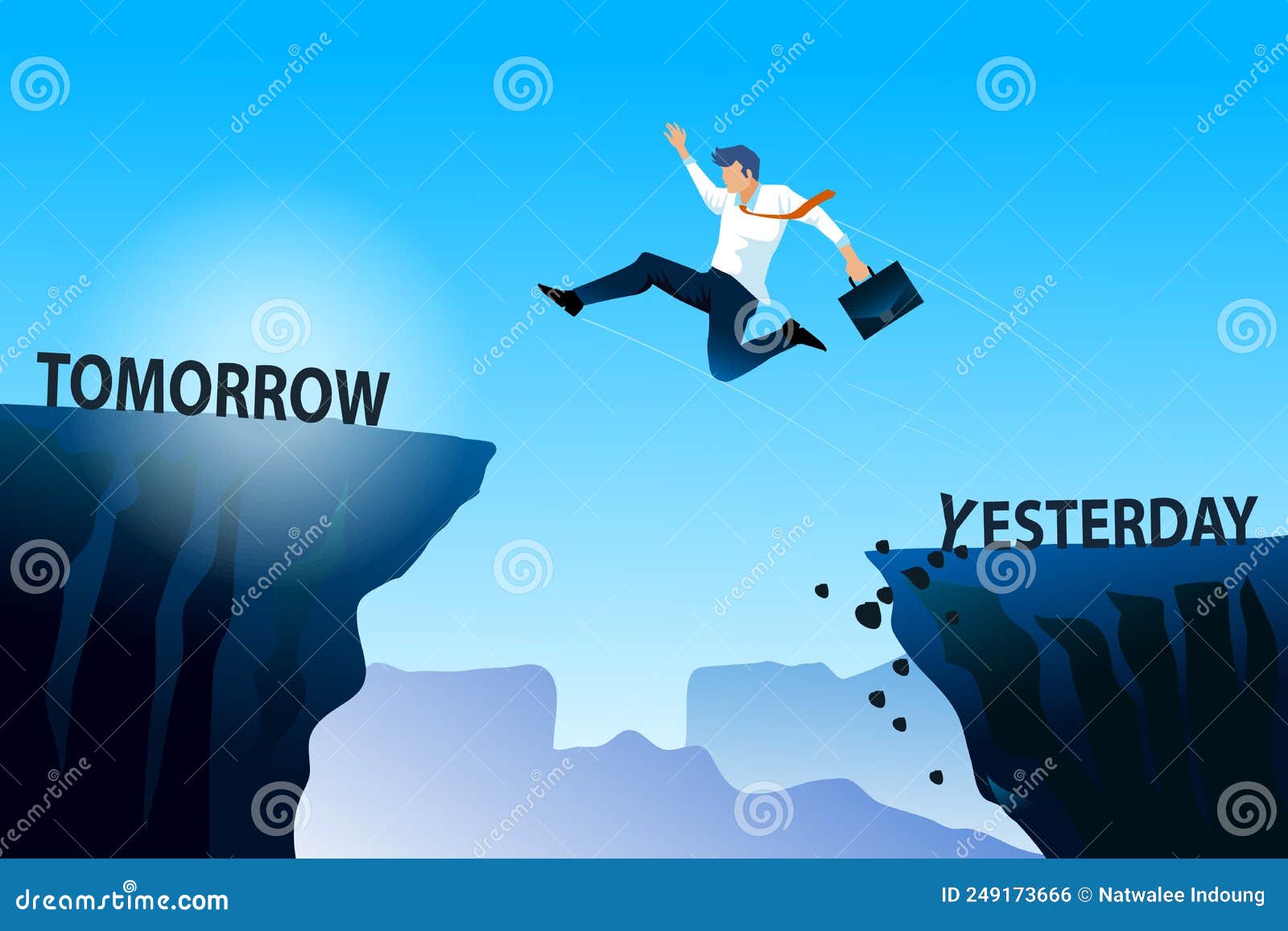 a man jumping over through the gap between word yesterday and tomorrow on hill. image for background. jump through on now to next
