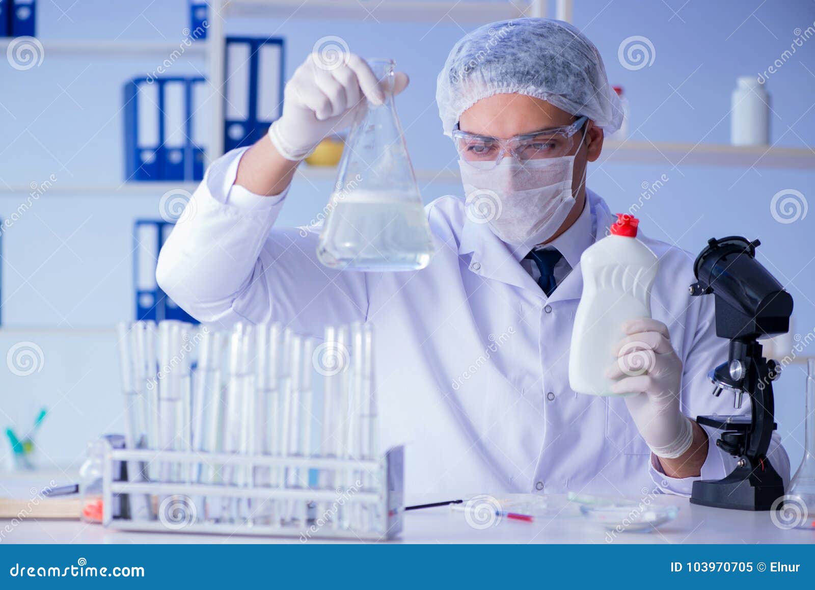The Man in the Lab Testing New Cleaning Solution Detergent Stock Image