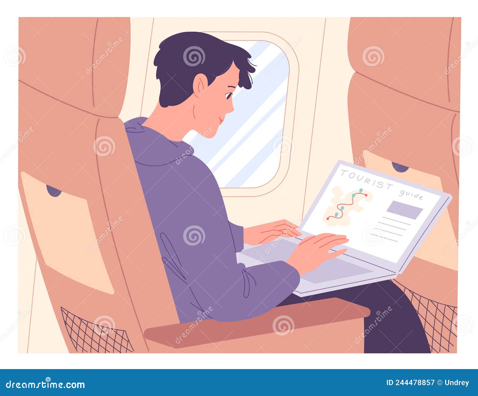 Man with Laptop on Airplane while in Flight Stock Vector Illustration
