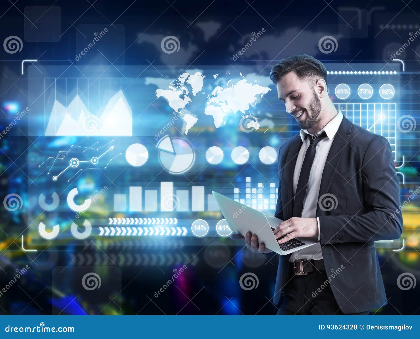 man with laptop, city and gaphs