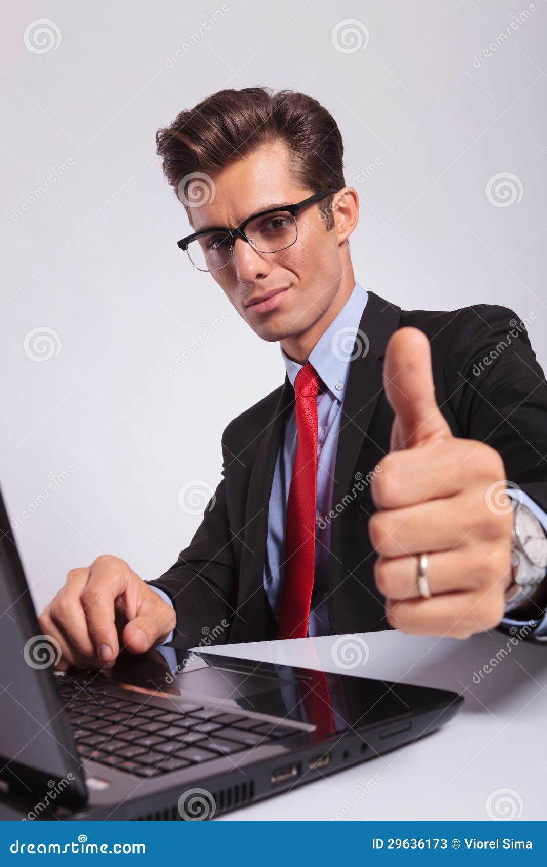 Man at Laptop, Showing Thumbs Up Stock Image Image of male, gesture