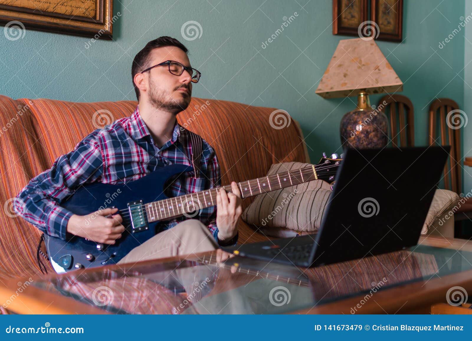 Man Learn Playing Electric Guitar at Home Stock Image Image of blues