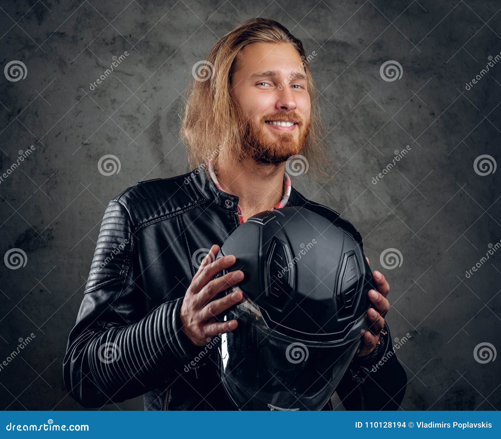 A Man In Leather Jacket Holds Motorcycle Helmet. Stock Photo - Image of ...