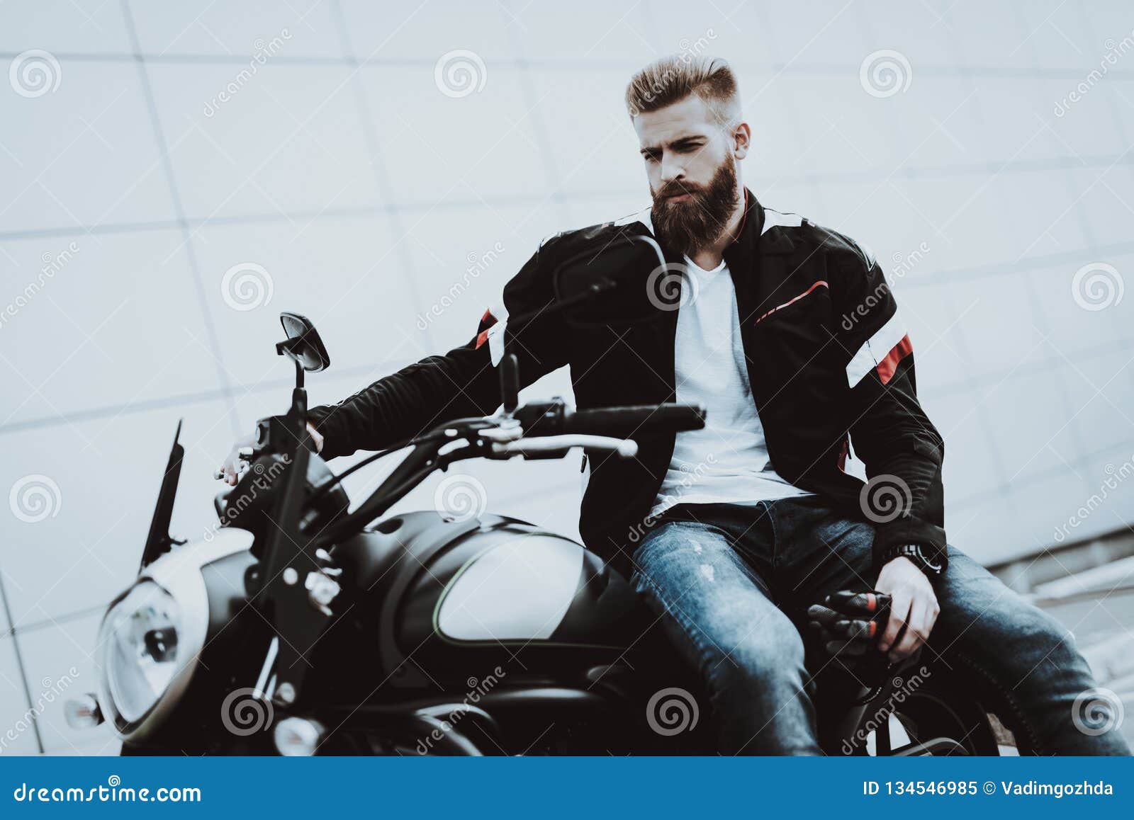 Man In Leather Jacket Is Sitting On Motorcycle Stock Image Image Of Bike Fashion 134546985