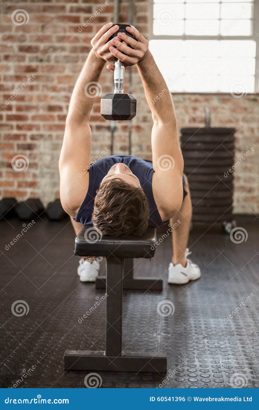 Man Lifting Dumbbell while Lying on Bench Stock Photo Image of