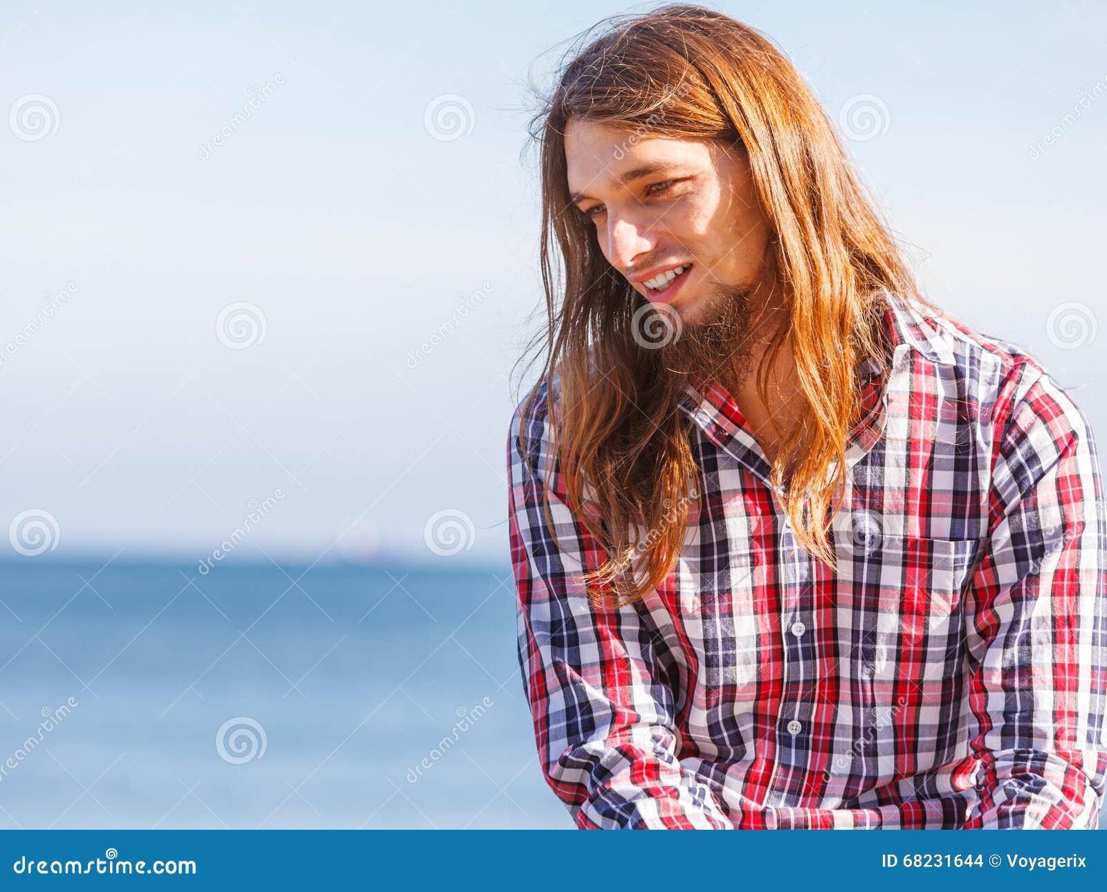 Man Long Hair Relaxing By Seaside Stock Photo Image Of Relaxed