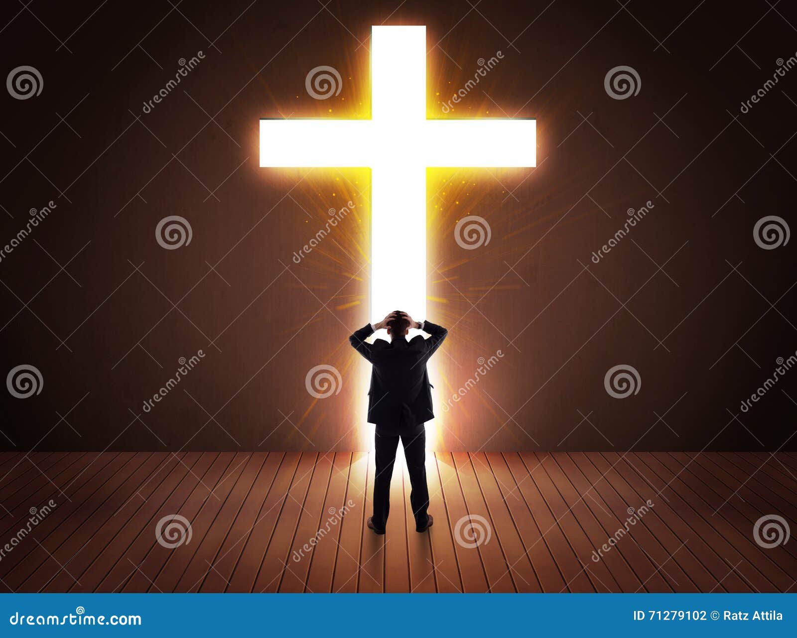 Man looking at bright cross sign concept