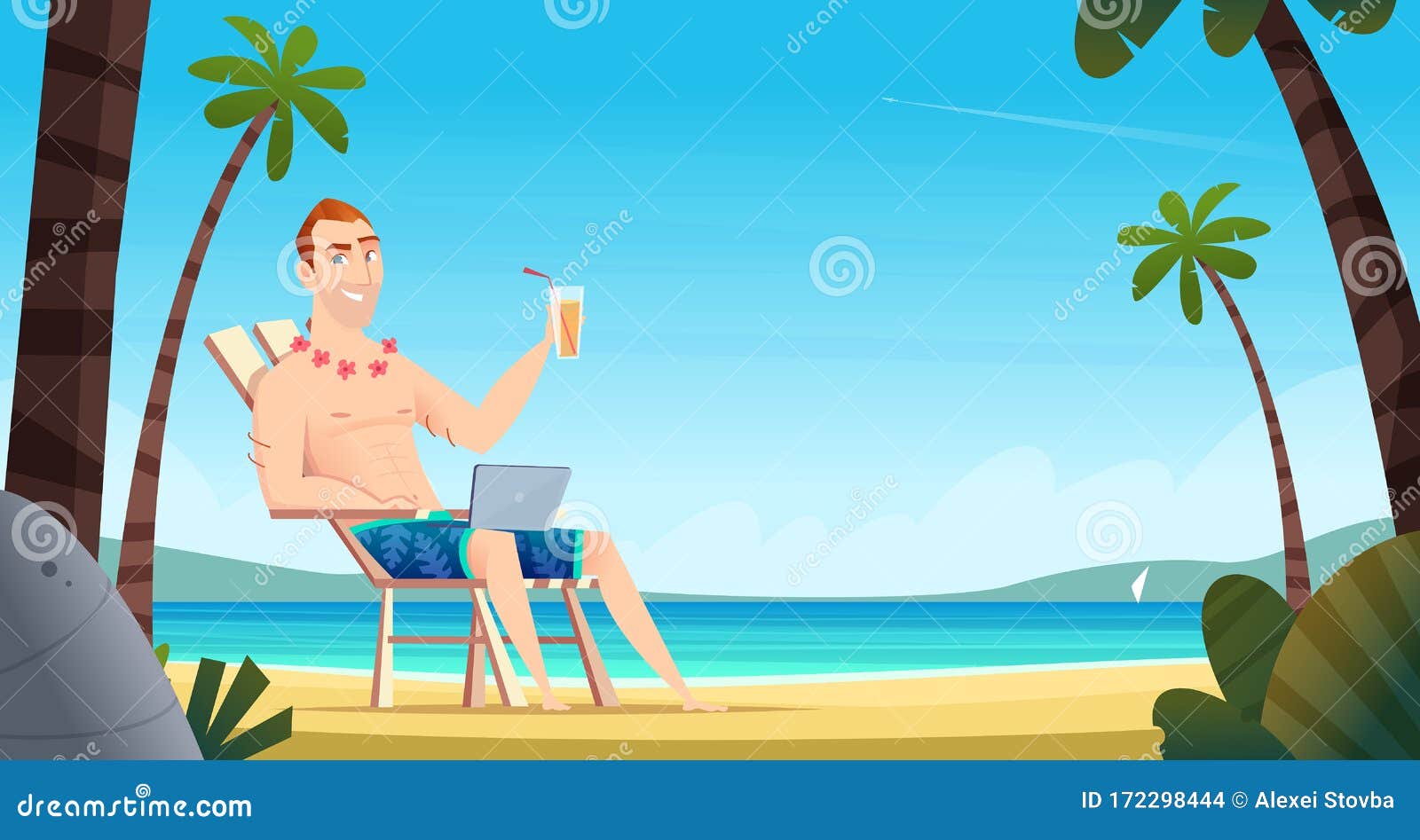 Man Lying on Sunbed with Notebook and Drinks Tropical Cocktail. Remote