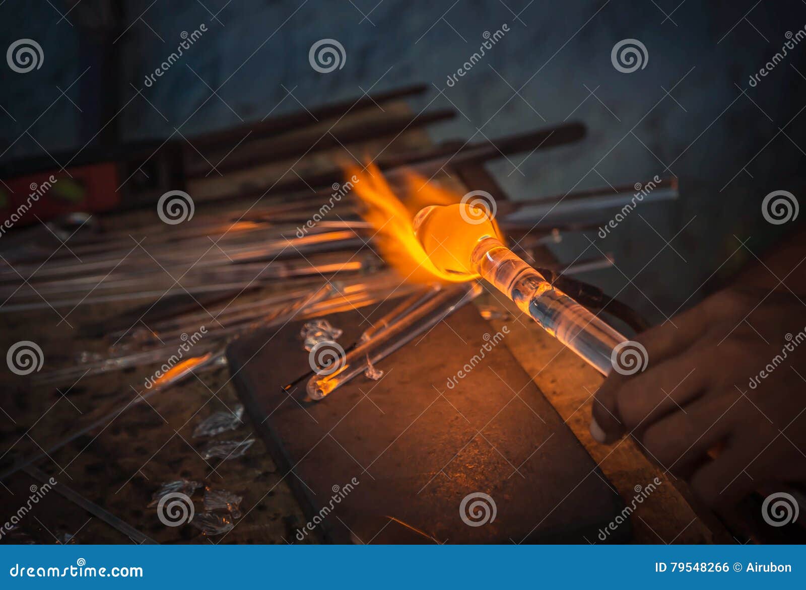 Man Made Hand Craft from Glass Blowing with Fire Blower Stock Photo