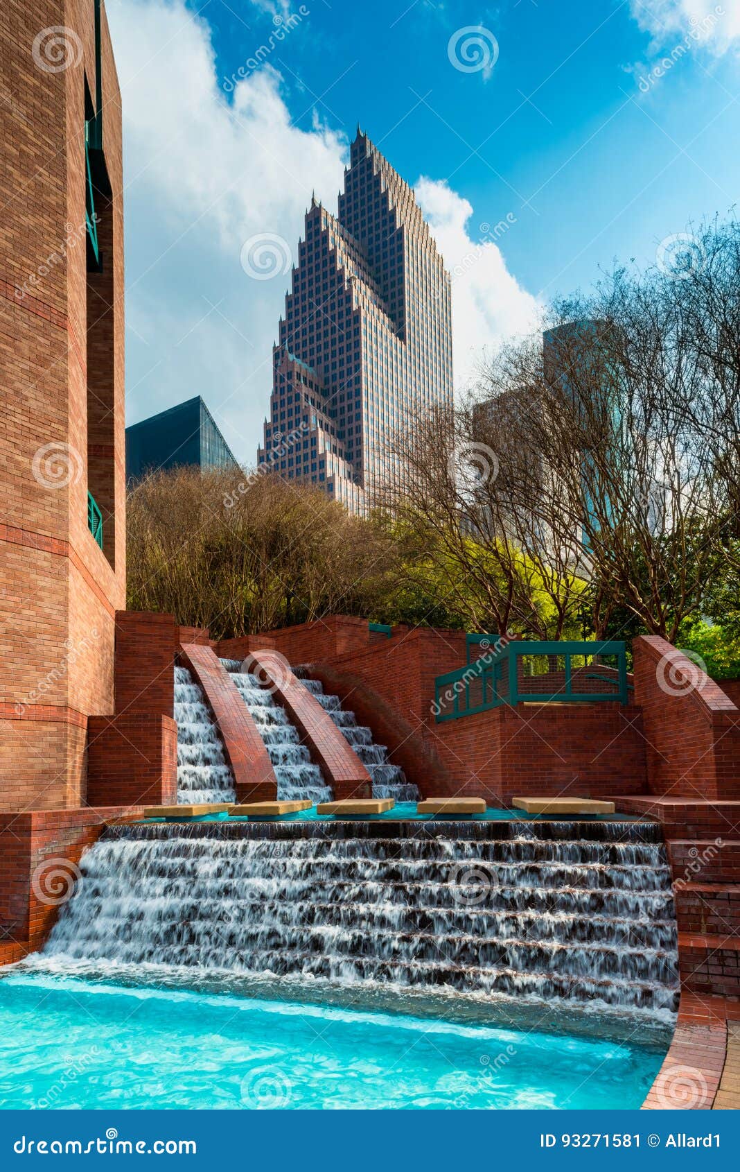 man made waterfall in park in downtown houston texas