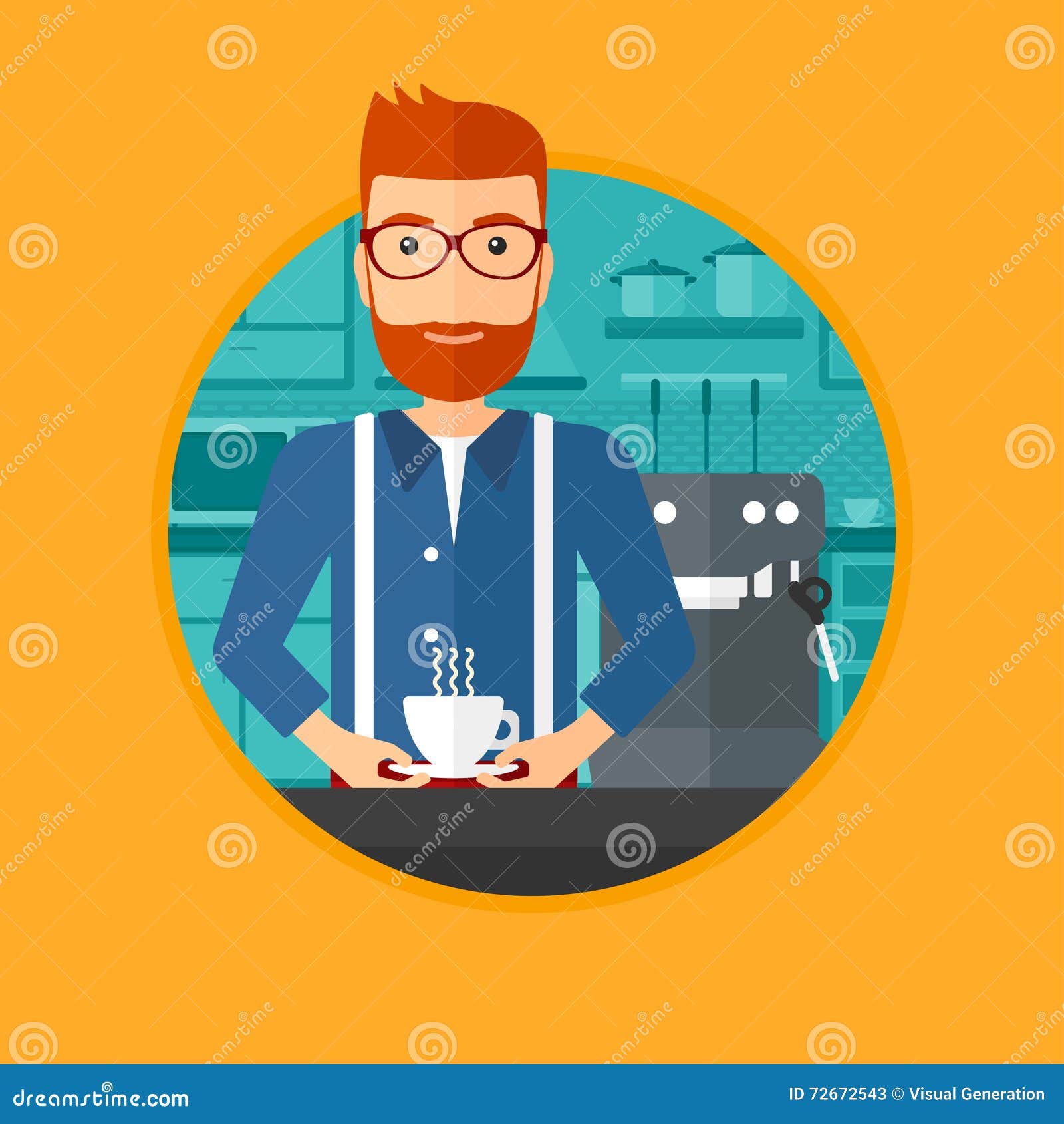 Guy Making Coffee Flat Vector Illustration. Smiling Cafe Worker