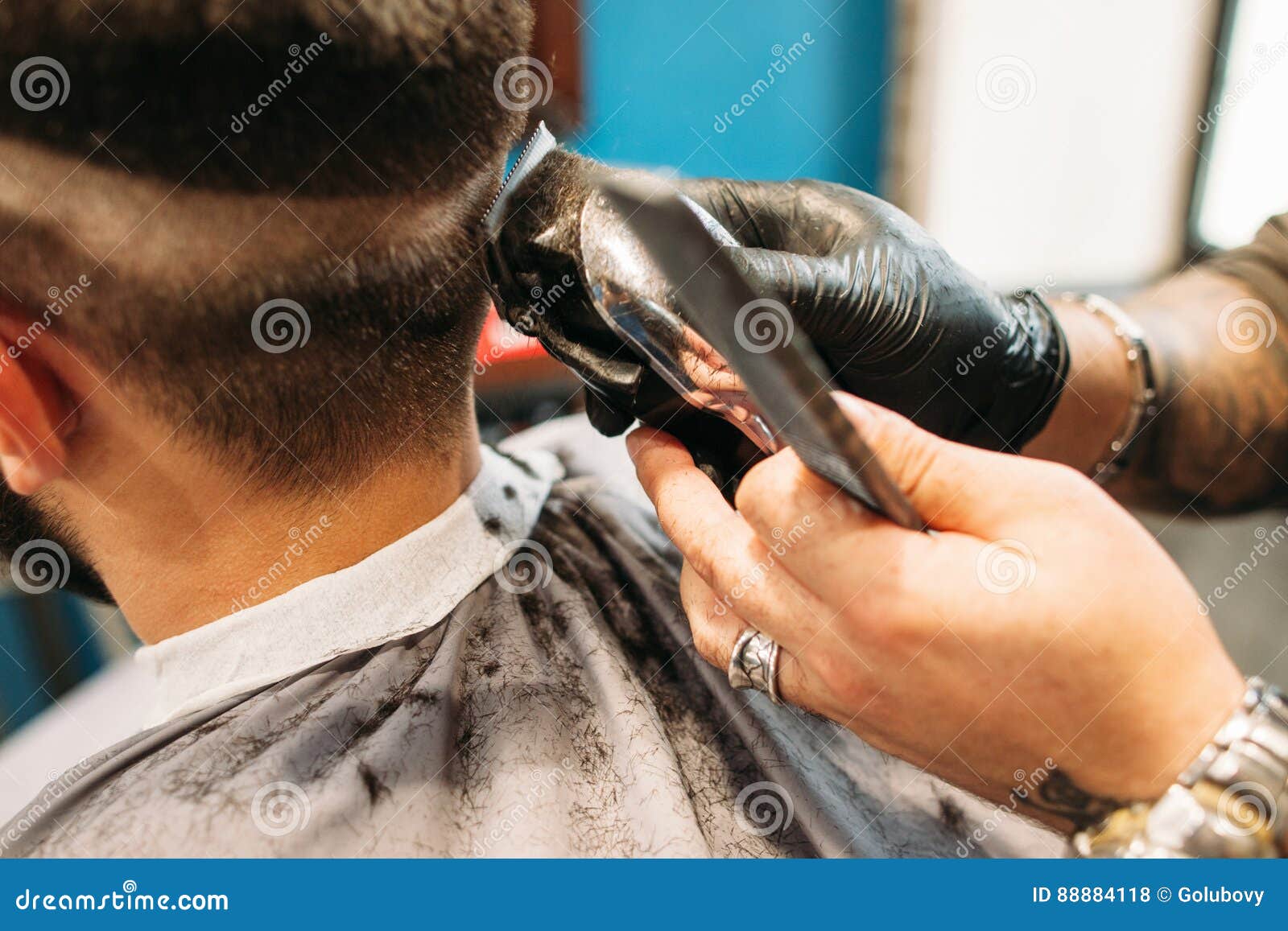 Man Making Curly Haircut At Barber Shop Closeup Stock Photo