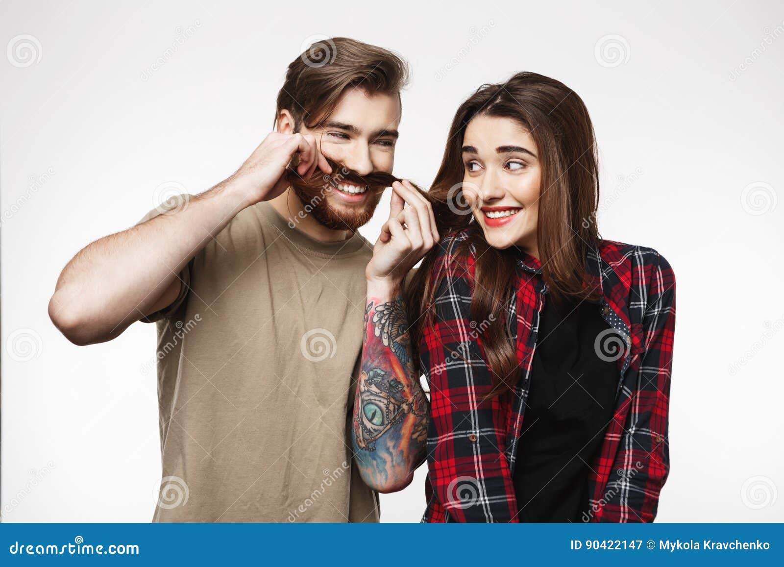 Man Making Funny Faces Playing with Girl`s Hair on White. Stock Image -  Image of handsome, attractive: 90422147