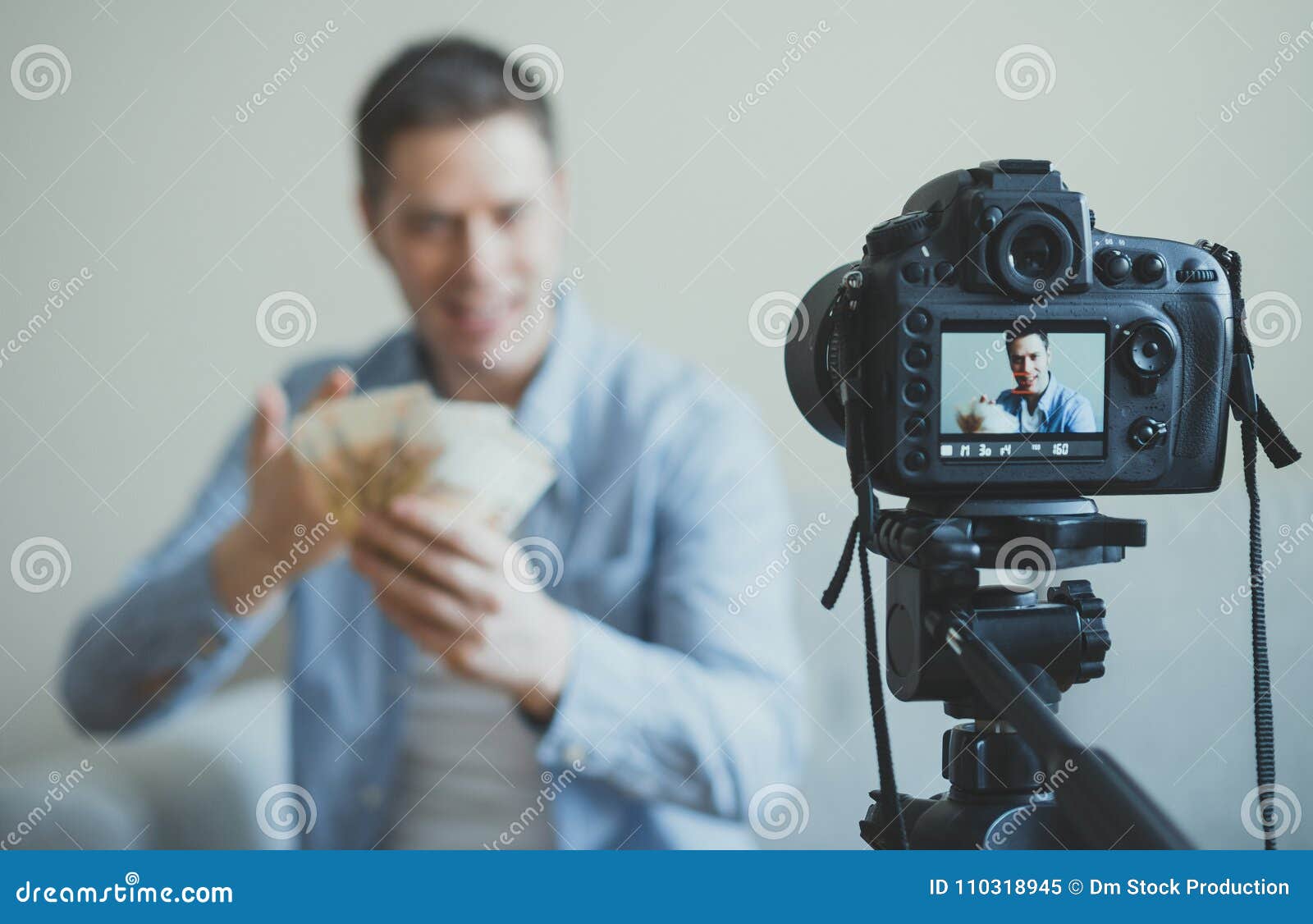 Man Making Video Blog about Money Earning. Stock Image Image of