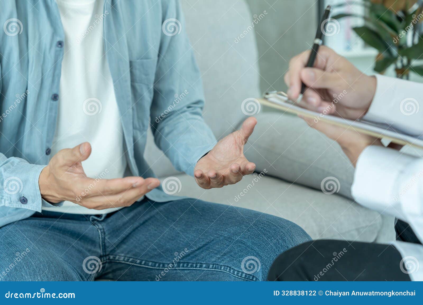 man with mental health problems is consulting. psychiatrist is recording