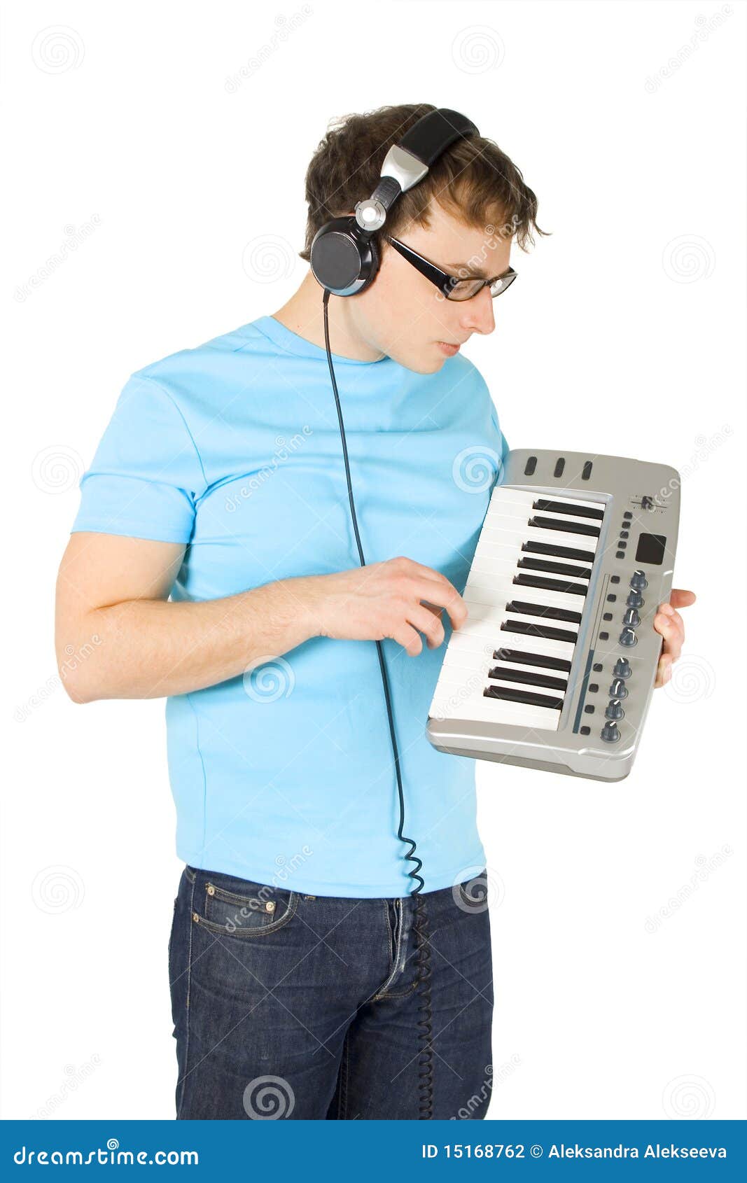 Man With Midi Keyboard And Headphones Standing Stock Photo Image of