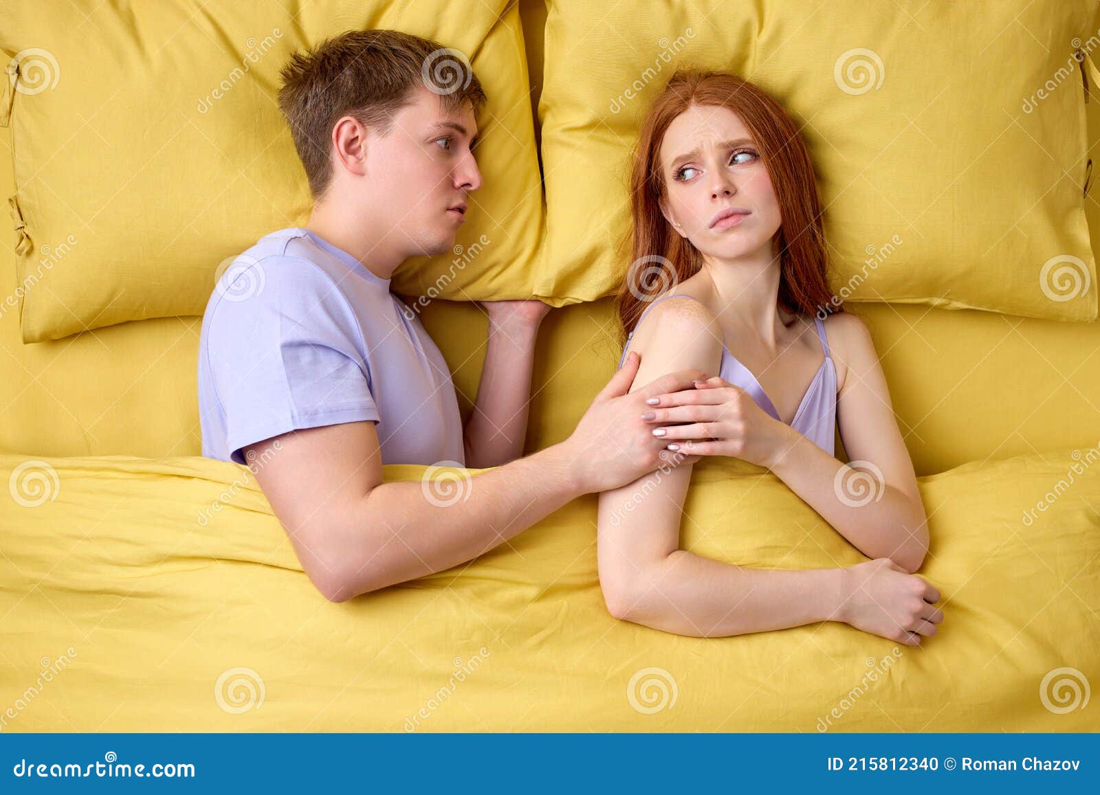 Man Misunderstanding Why Wife Does Not Want Sex with Him Stock Photo