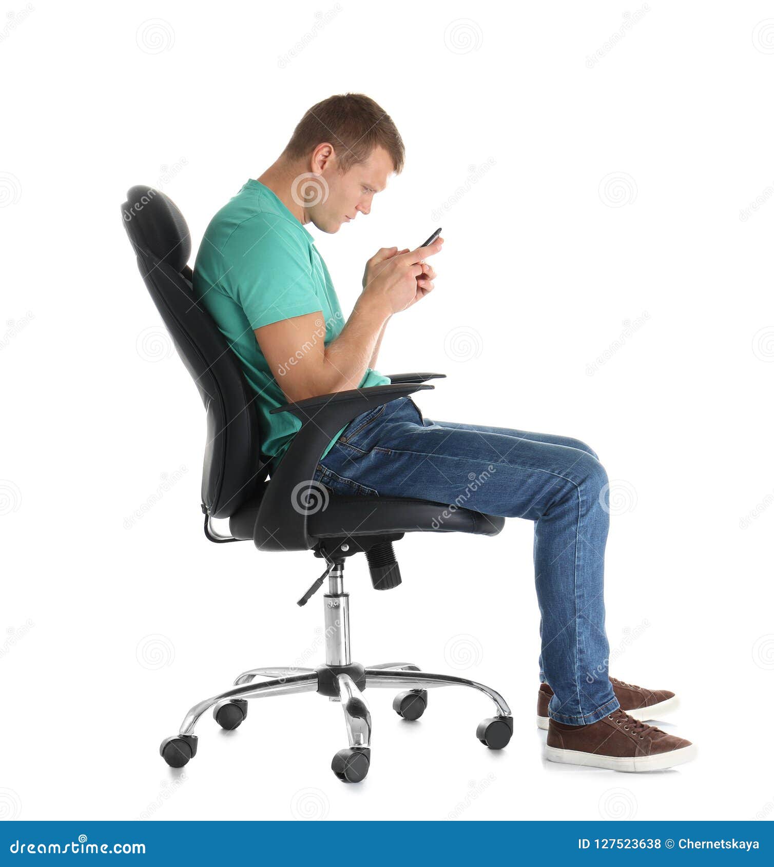 Man with Mobile Phone Sitting in Office Chair on White Background Stock  Photo - Image of bearing, caucasian: 127523638