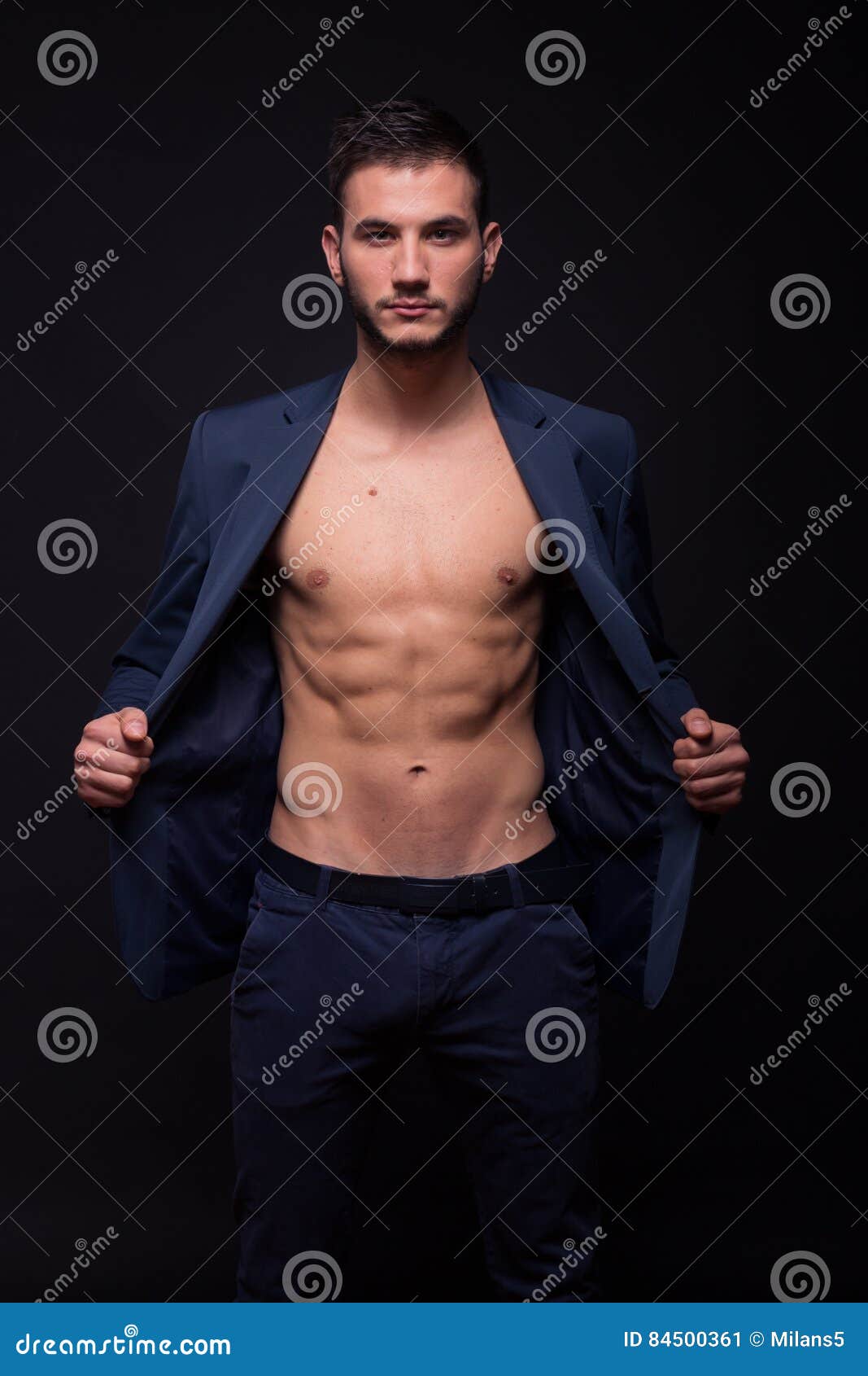 Man Model Showing Abs Fit Slim Body Suit Jacket Elegant Stock Image - Image  of studio, suit: 84500361