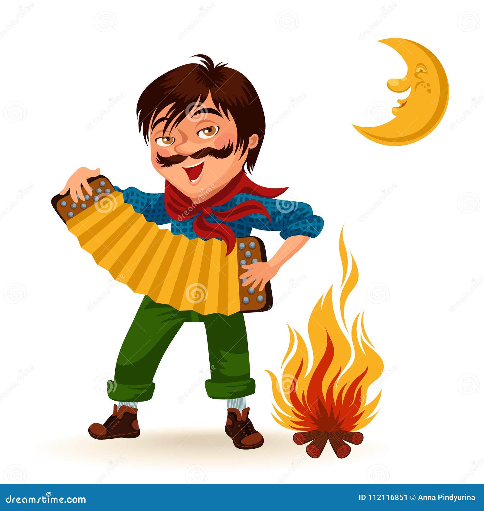 man with mustache plays sanfona near fire under moon  , boy holding accordion at bonfire at night