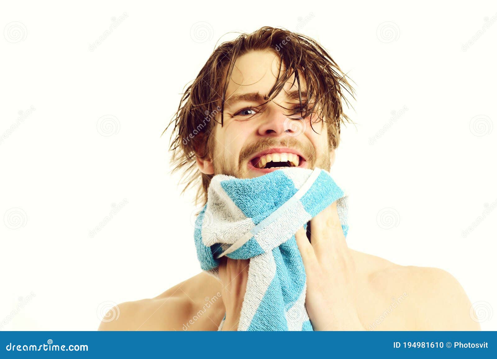 Man With Naked Torso And Happy Face Wipes Beard Stock Photo Image Of Athlete Caucasian