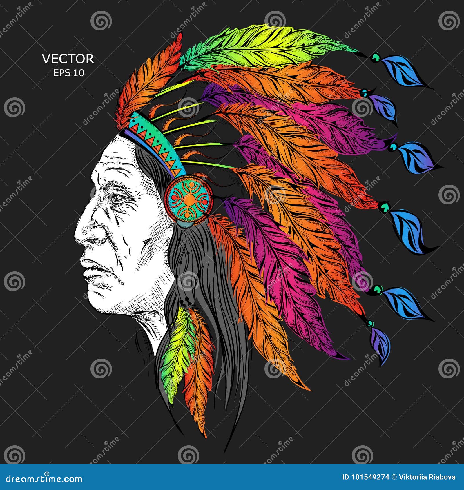 man in the native american indian chief. black roach. indian feather headdress of eagle. hand draw  