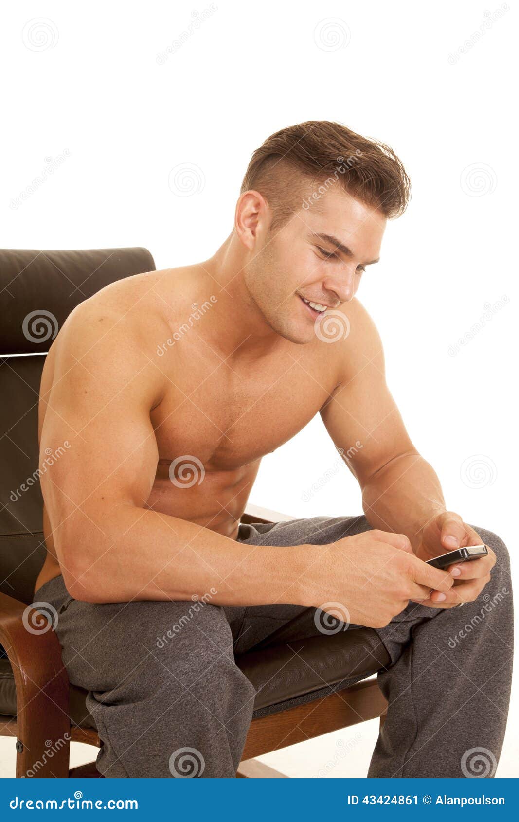 Man No Shirt Phone Sit Text Smile Stock Image - Image of attitude ...