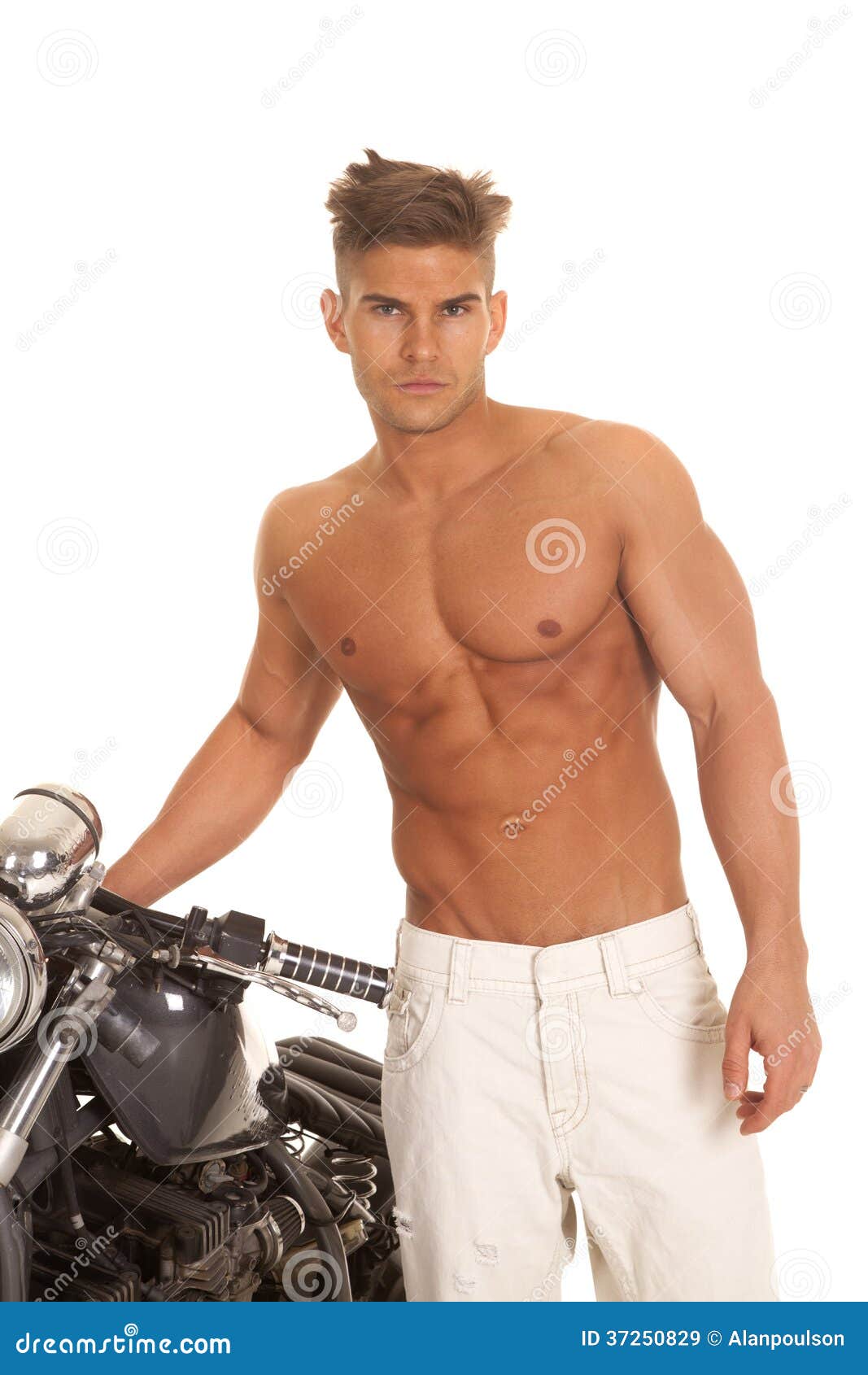 Man No Shirt Stand by Motorcycle Very Serious Stock Image - Image of