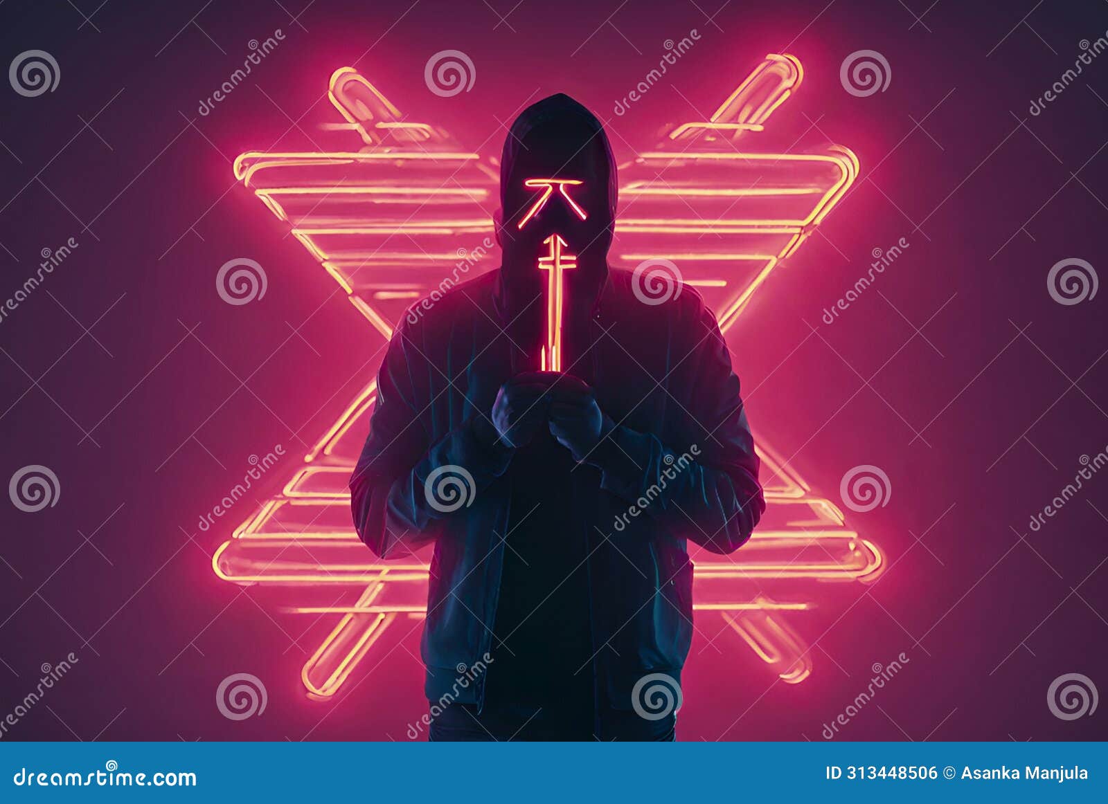 man obscured by neon cross. a person stands holding a glowing neon cross in front of their face