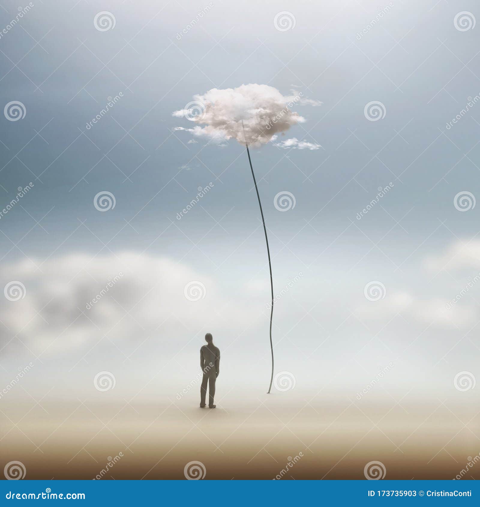 man observes a surreal cloud attached to the ground with a thread