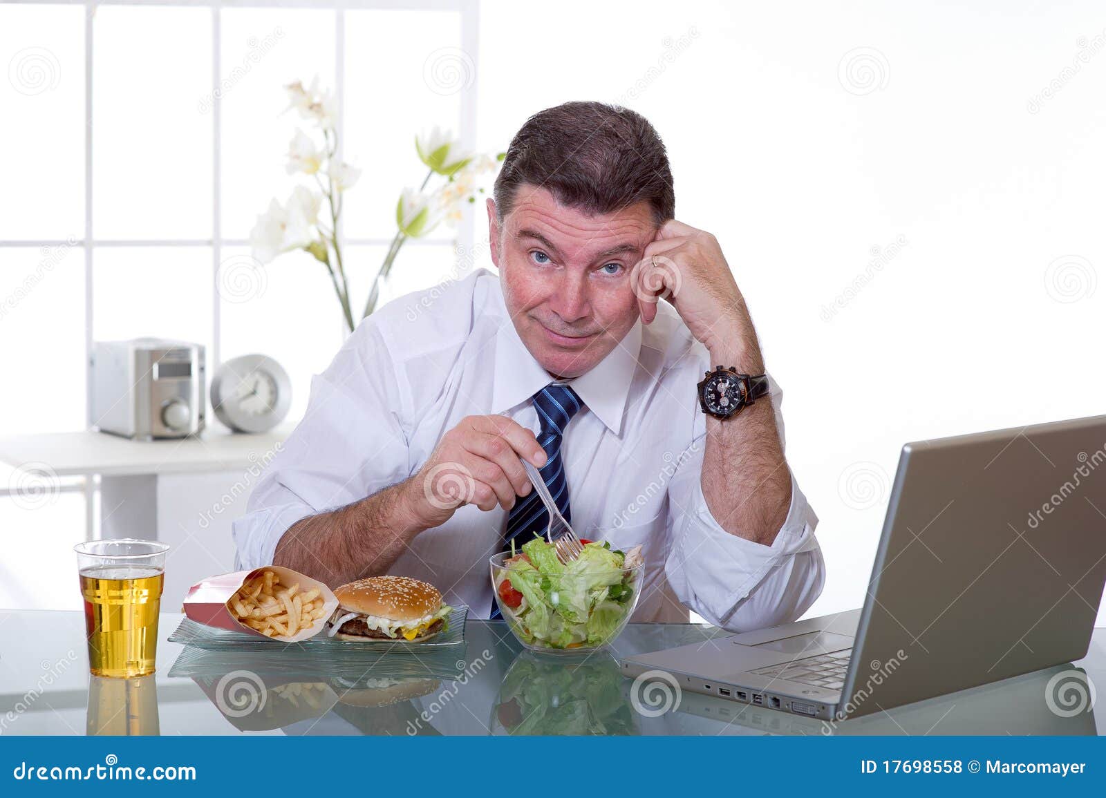Man at Office Eat Green Salad Stock Photo Image of caucasian, laptop