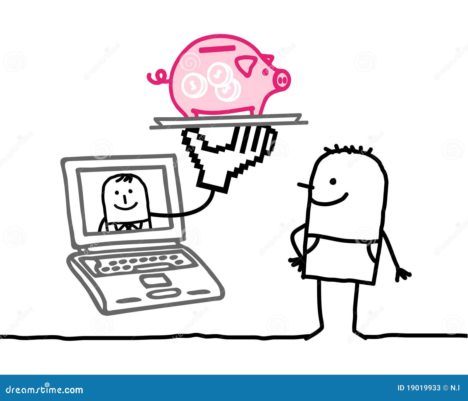 Man and online banking. Man with laptop and online banking - hand drawn cartoon characters