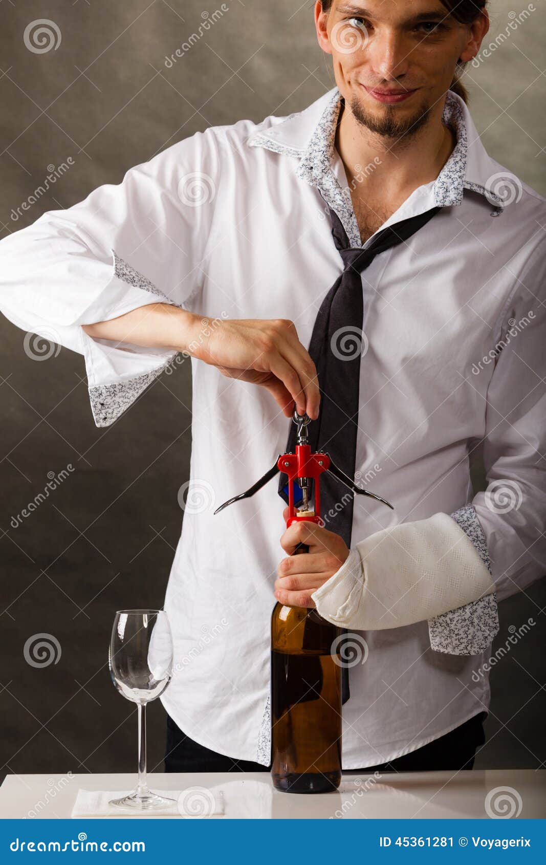 Man Opening Bottle of Wine with Corkscrew Stock Image Image of cork
