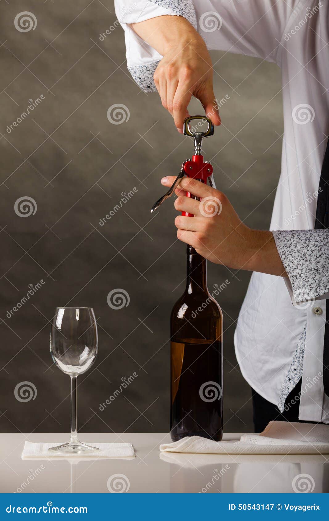 Man Opening Bottle of Wine with Corkscrew Stock Image Image of hands