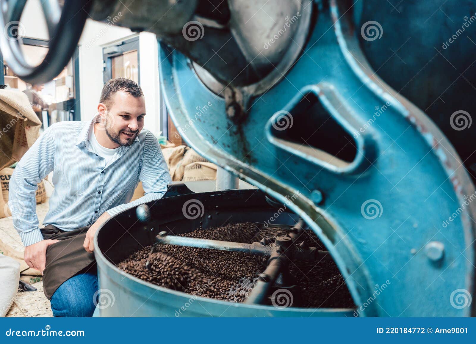 Man Operating Coffee Roaster in Factory Stock Photo Image of bean
