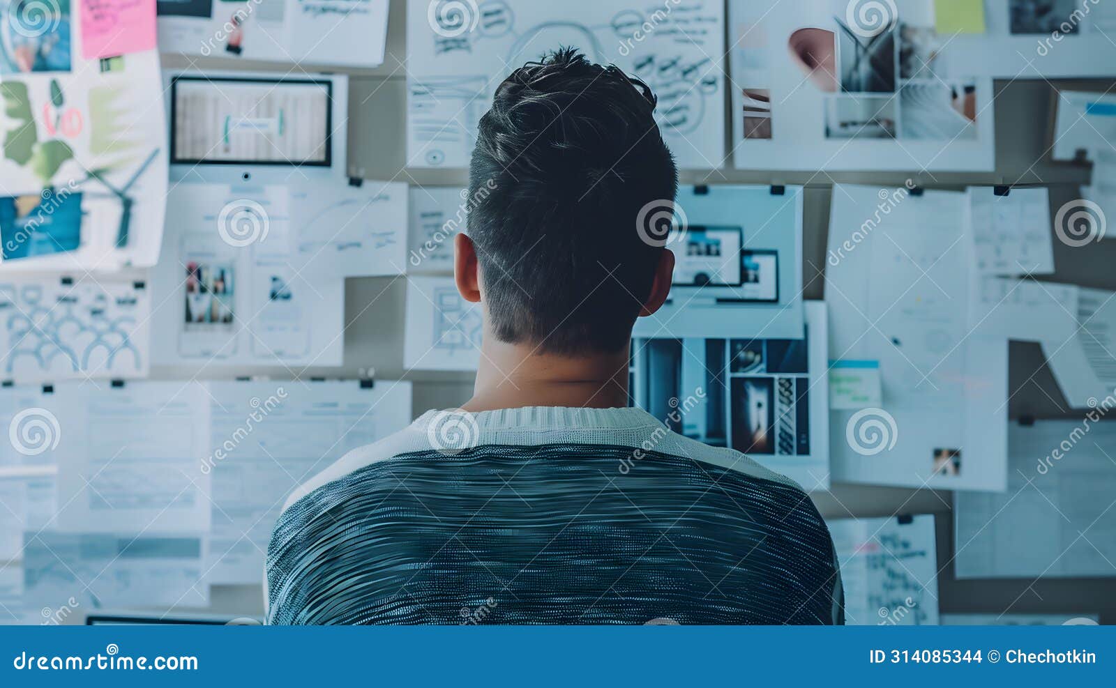 man overviewing a board with notes on the wall, generative ai