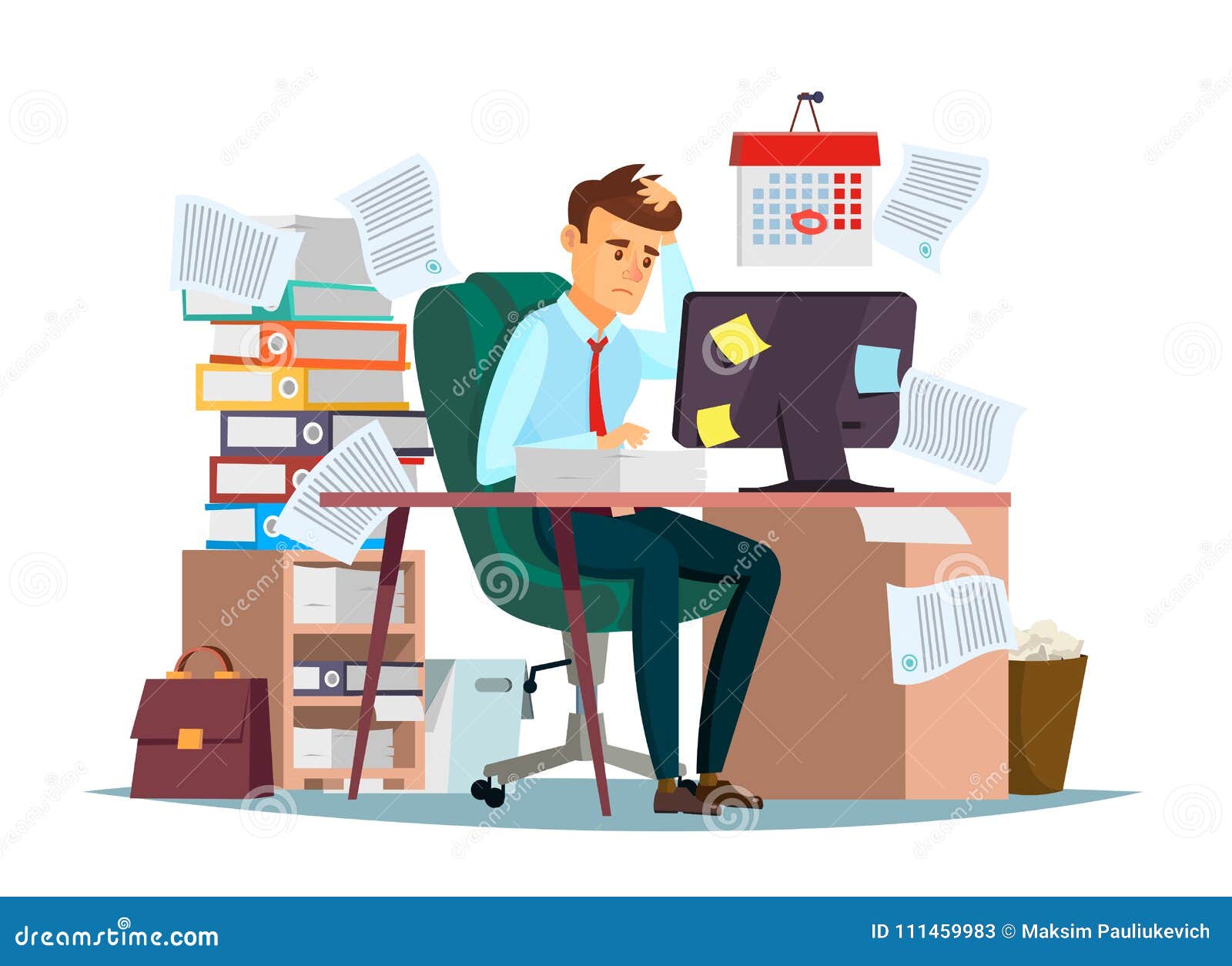 man overwork in office   of cartoon manager sitting at computer desk working frustrated in stress