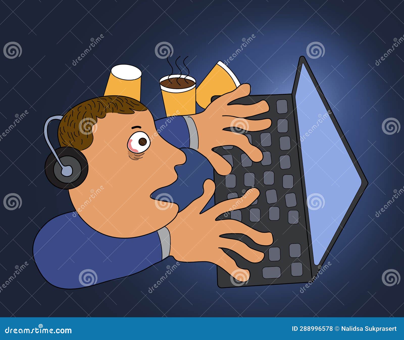 Man Overworked on Computer. Blue Light Effects Monitor Screen Stock