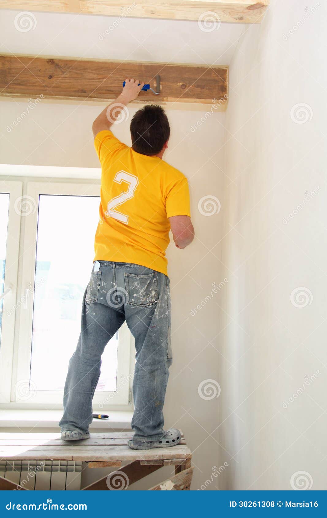 Man Painting A Exposed Beams Stock Photo Image Of Decor Home