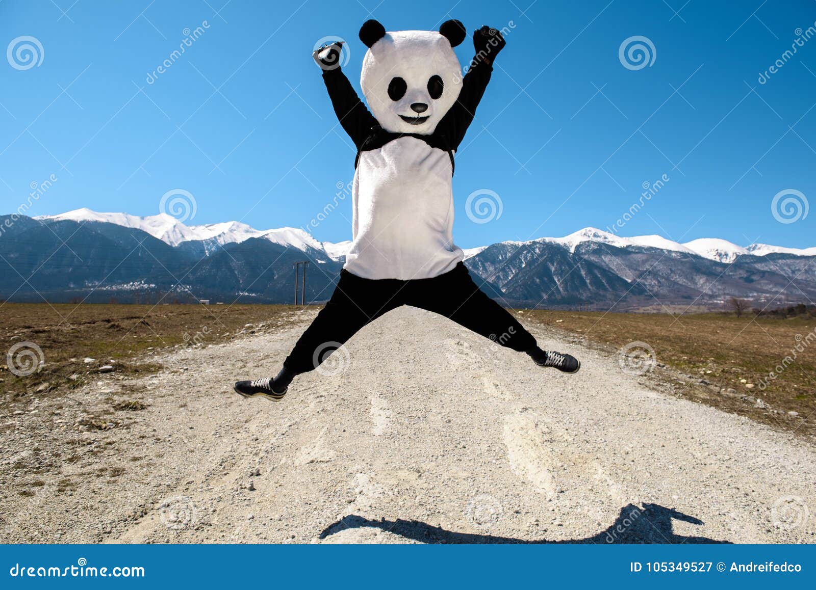 Man In A Panda Costume Jumping On Road Bulgaria Bansko 2015 Stock