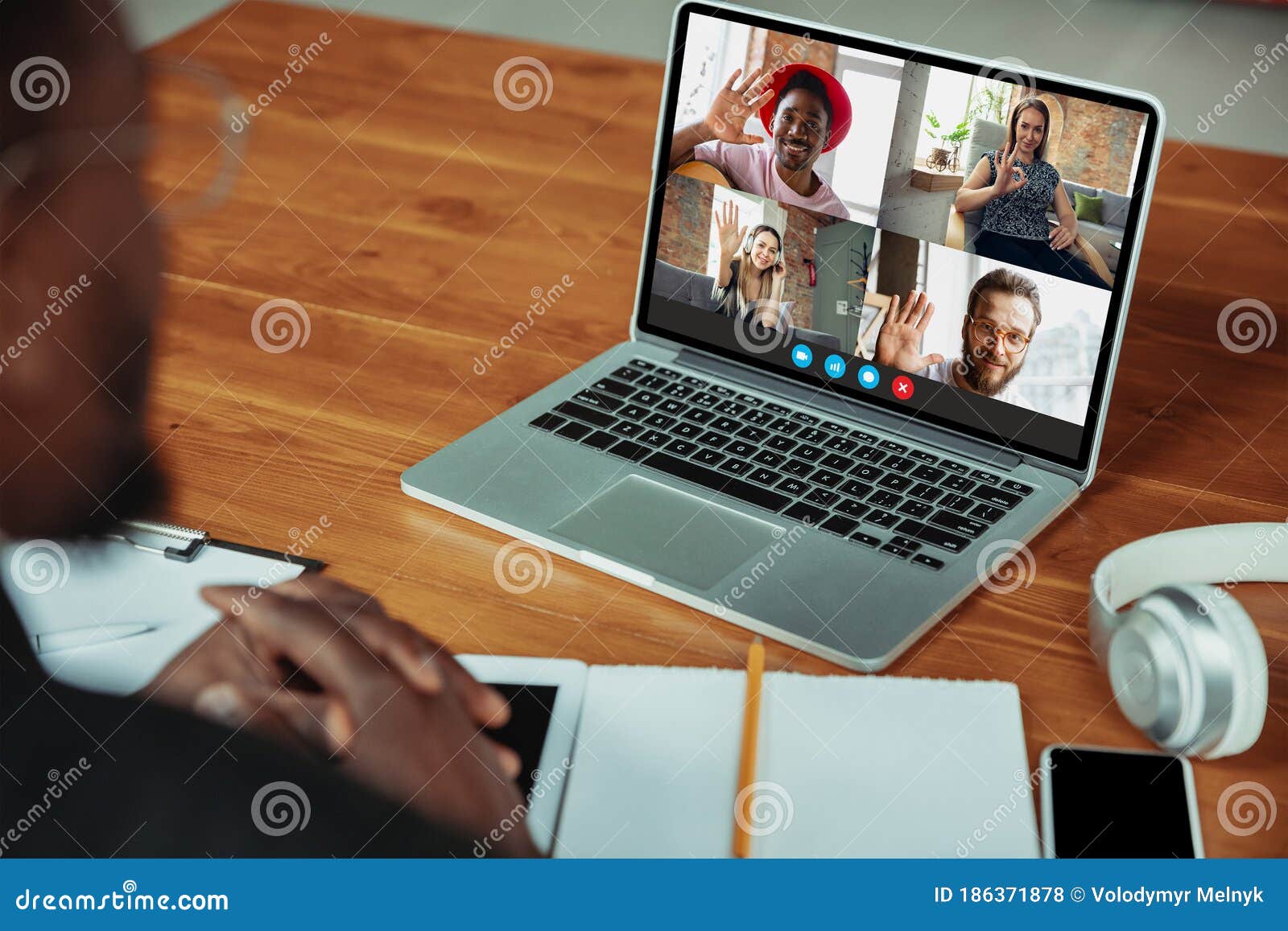 man participate video conference looking at laptop screen during virtual meeting, videocall webcam app for business